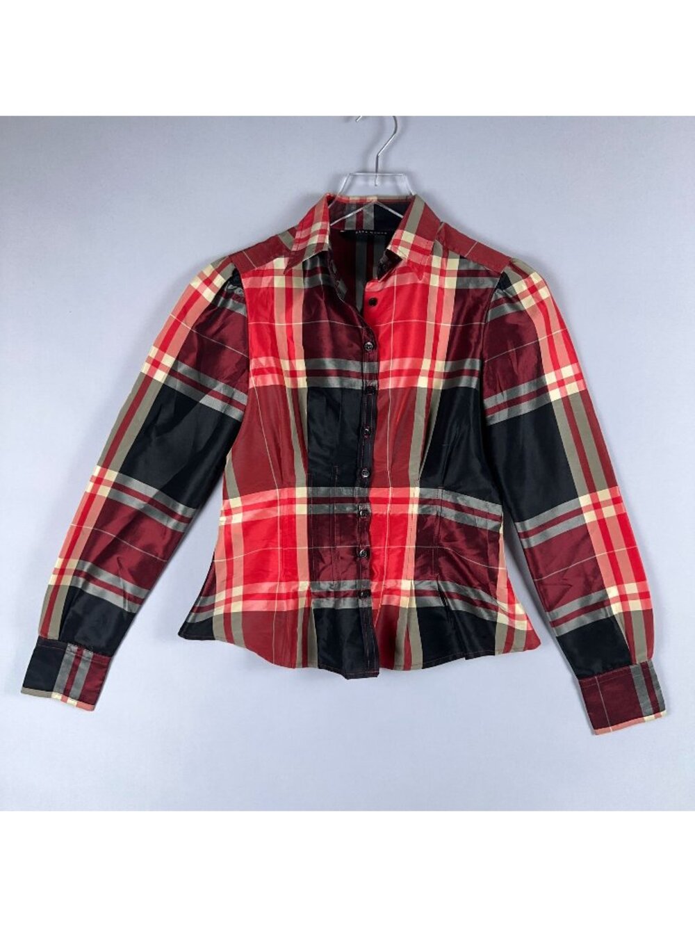 Zara Plaid Button-Down Shirt Size Small Red Long Sleeve Striped pattern